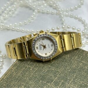 Gold Waltham Watch with Diamanté Round Dial